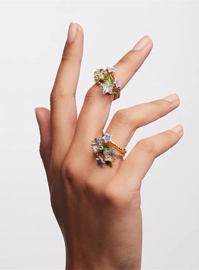 法国手工珐琅 茄梦茉语系列 蓝色茉莉花 刻面星星V宝石 开口戒指