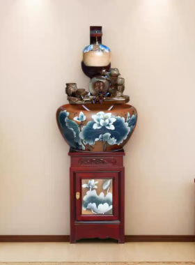 中式手绘陶瓷鱼缸带灯柜式循环流水客厅金鱼缸造景装饰落地摆件