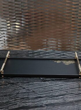 现代新中式铁艺托盘家居收纳金属几何玄关桌面手提装饰托盘摆件