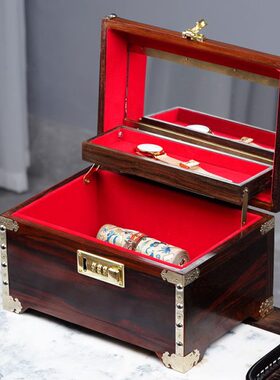 大红酸枝木首饰盒红木饰品收纳盒中式实木结婚手提钱箱密码锁高档