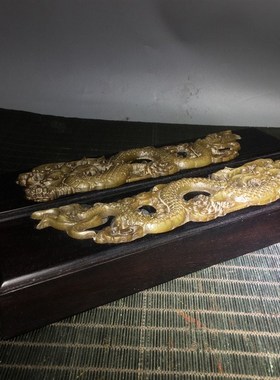 古玩老檀b木镶嵌老黄玉镇尺摆件实木老料花寿山石居家书房压纸