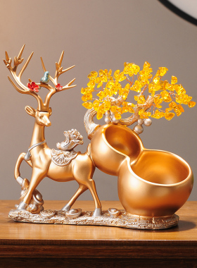 创意鹿收纳放钥匙水晶发财树摆件轻奢玄关客厅鞋柜入户进门装饰品