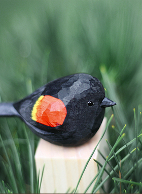 三件包邮 鹿妖商店 红翅黑鹂 红翼鸫 肥啾鸟 纯手工木雕创意摆件