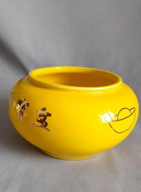 黄色聚宝盆陶瓷罐子摆件无盖带盖都有，招财进宝铜钱元宝图可绑绳