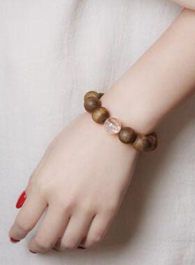 国香棋楠沉香木14MM白水晶文殊菩萨心咒蜜蜡配饰情侣念珠文玩手串