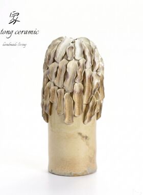 新中式手工陶瓷花瓶橄榄色立体造型装饰摆件18cm家居工艺品