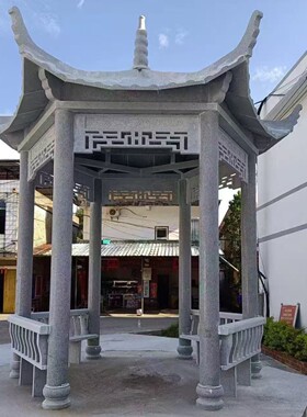 石雕凉亭走廊花架花岗岩六角石亭子户外长廊双层凉亭小区公园广场