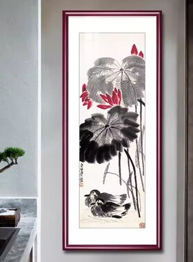 国画齐白石彩墨挂画寿桃水墨画新中式玄关装饰画走廊过道竖款壁画