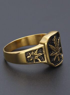 欧美百搭复古嘻哈男士枫叶戒指潮人镀金钛钢指扣指环hiphop不退色