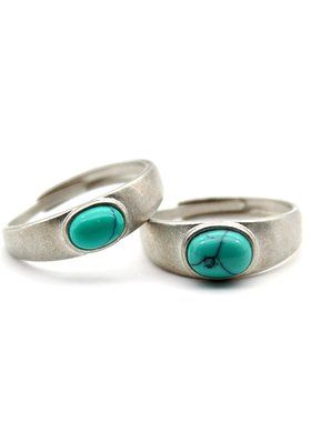 蒙族戒指925银l手工制作情侣对戒光面镶嵌绿松石蒙古银指环活口