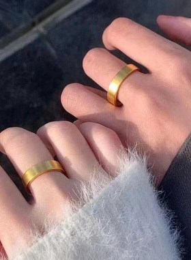 古法金包银戒指女m四方平底指环情侣磨砂哑光素圈男生日礼物送女