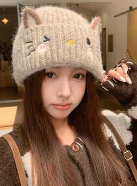 卡通猫咪针织保暖帽女秋冬护耳小
