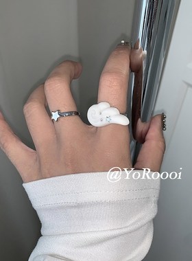 YoRoooi 自制手工韩系简约翅膀可爱开口K戒指爱心素圈指环食指戒