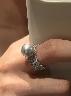 重工微镶锆石珍珠宽版开口戒指女精致独特个P性时尚气质指环戒子