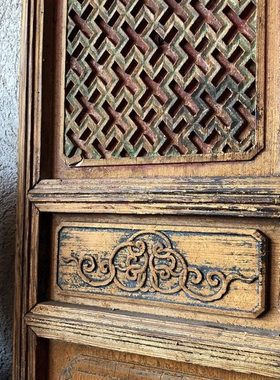 雕花木门摆件 长方形两片装实木门窗 屏风老物 书房 茶室隔断中式