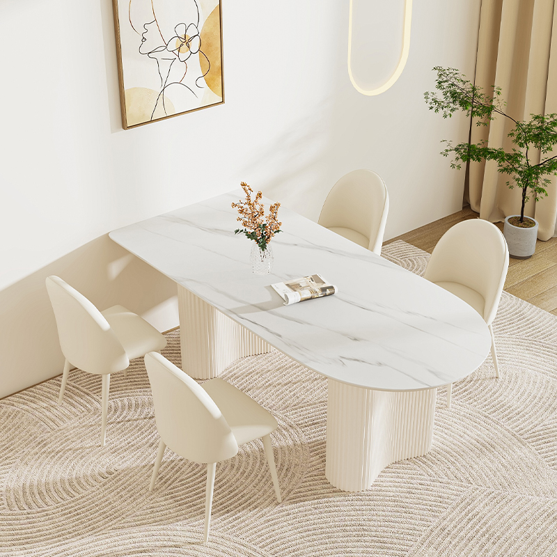 奶油风高端椭圆形饭厅桌子纯白色岩板餐桌轻奢罗马柱饭桌家用简约 - 图2