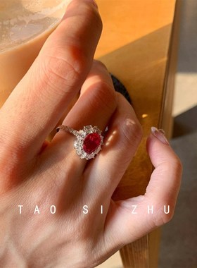 玫瑰焰火高级感气质复古超闪E红色锆石开口戒指可调节指环女