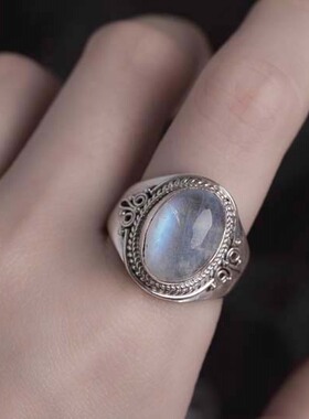 尼泊尔手工饰品92m5银镶嵌月光石戒指女 开口指环创意复古民族风