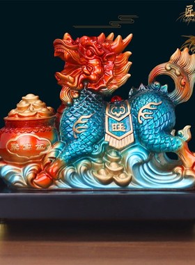 彩铜色麒麟摆件一对工艺品招财玄关装饰品客N厅家居办公室开业礼