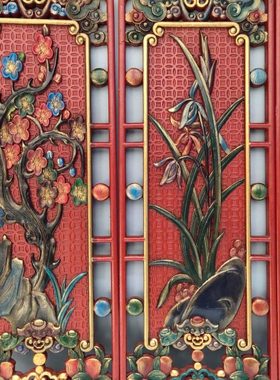 雕刻镂空工艺漆器彩绘四条挂屏《梅兰竹菊》四扇阁四条屏挂匾摆件