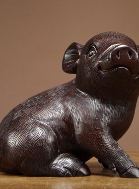 黑檀实木质雕刻十二生肖福猪摆件家居客厅电视柜装饰红木工艺礼品