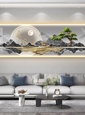 灯带迎客松茶室挂画LED背有靠山客装墙上厅饰画沙发背景墙壁灯画