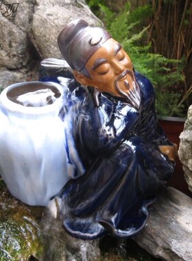 吸水石摆件家居装饰庭缸假山水景盆族鱼院招财流水陶瓷李白卧酒翁