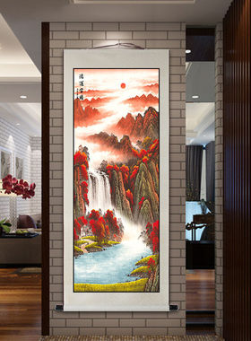 国画鸿运当头聚宝盆山水画壁画玄关走廊过道竖挂办版室装饰公画