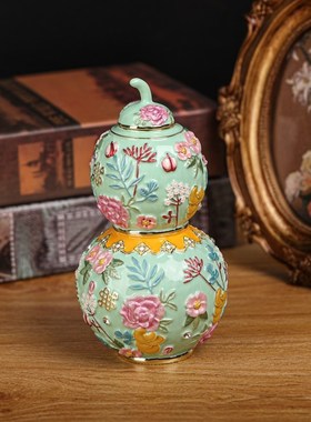 高档金属工艺品国潮珐琅彩花开富贵葫芦桌面风水摆件合金装饰盒