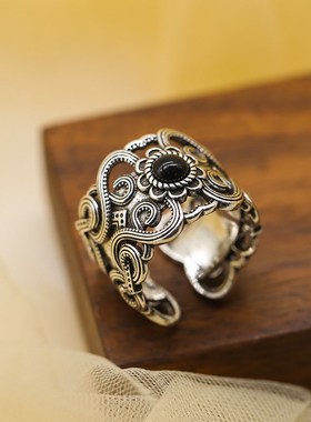 复古国潮图腾花纹戒指s925银做旧镂空花纹宽版食T指戒子开口指环