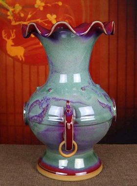 禹州钧瓷花瓶中式古典礼盒装办公室台面窑变陶瓷摆件绿色太平有象