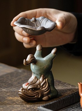 创意鲤鱼哥窑一体式茶漏过滤紫砂茶具配件锦鲤开片可养茶宠摆件