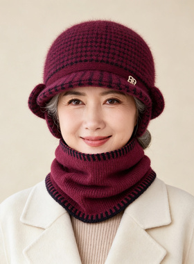 冬季中老年女兔毛护耳保暖毛线帽