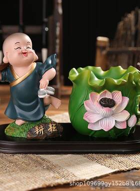 创意居饰装禅意办公家室书装柜14204桌面饰小和尚笔筒摆件可爱实