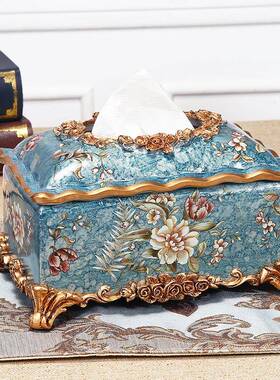 欧式盒轻奢创意客彩绘工艺纸巾盒树脂抽桌纸家居952厅面装饰摆件