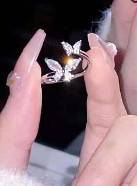 简约浪漫微镶锆石蝴蝶开口戒指女