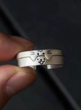 S925纯银小猫小狗情侣开口尾戒
