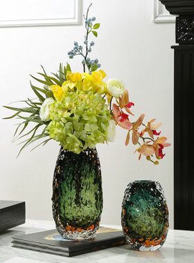 现代轻奢绿色琉璃花瓶摆件玄关客厅水培插花高级感艺术花器装饰品
