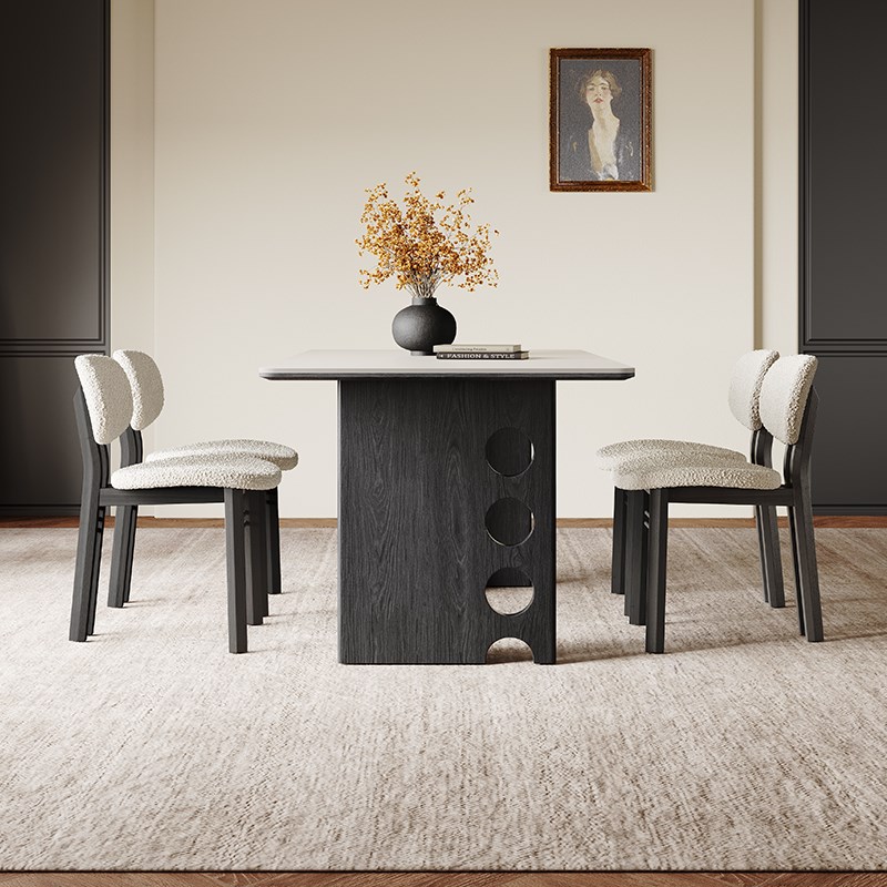 复古风岩板餐桌长方形家用高端全托饭桌202L5新款法式黑色实木餐 - 图1