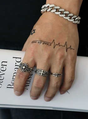 欧美复古男女个性鸢尾花戒指十字架开口可调节P嘻哈高级感情侣对