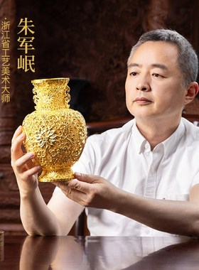 朱炳仁铜 莲年如意少爷同款花丝花瓶客厅玄关装饰摆件中式礼物