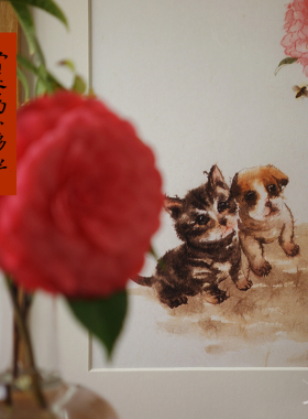 一二山皇小小 赏花的小伙伴 水墨画客厅装饰画玄关挂画配电箱竖画