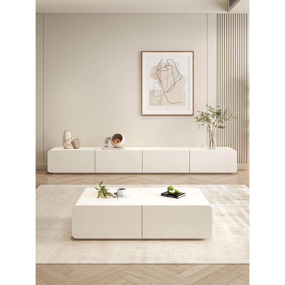 奶油风电视柜茶几组合现代简约实木圆角客厅家用白色落地电视柜,淘宝优惠券,粉丝福利购,淘宝优惠卷