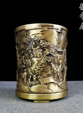 纯铜笔筒摆件黄铜复古笔筒人物笔筒工艺品大号文房用品办公室桌面