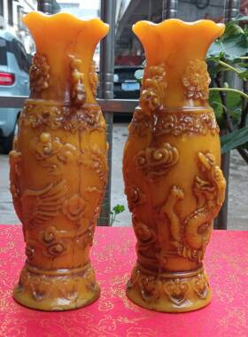 154040厂家居仿寿石龙凤花瓶一对家摆件山仿古树脂瓶龙凤花摆设