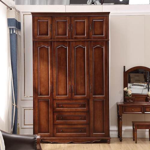美式全实木家用卧室衣柜3门4门5门6门橡木原木大储物木质衣柜复古 - 图0