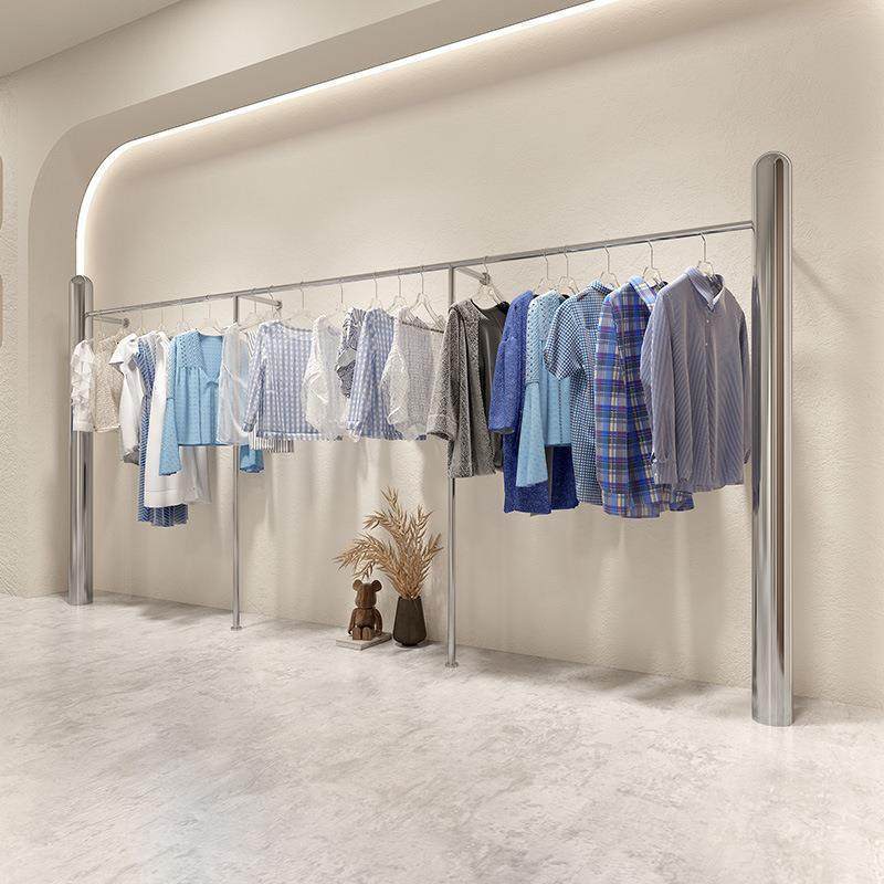 服装店展示架落地式童装店不锈钢银色上墙挂衣杆女装店货架陈列架,淘宝优惠券,粉丝福利购,淘宝优惠卷