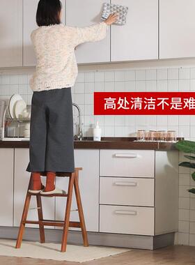 家用实木梯凳折叠梯凳厨房高板凳三步登高小梯子吧台凳子折叠凳子
