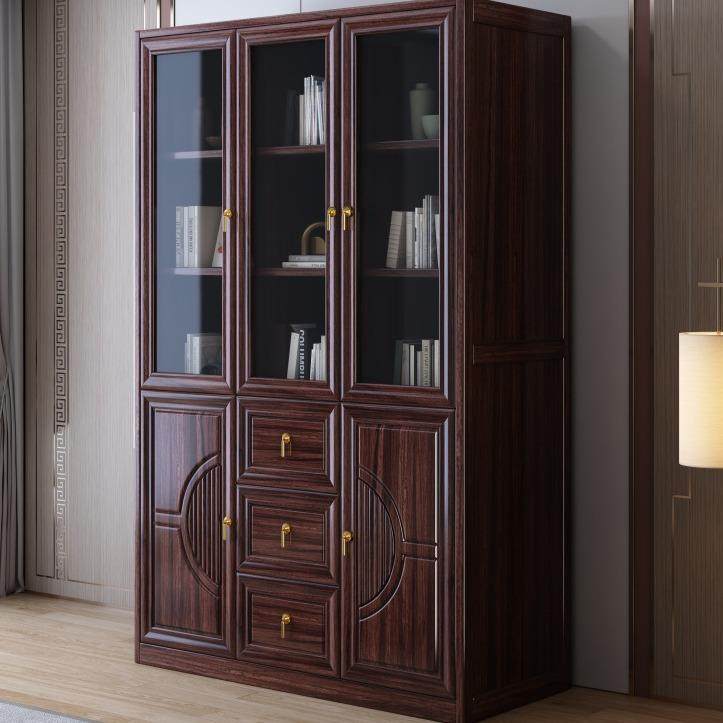 新中式乌金木全实木家用书柜组合落地简约书橱带书架玻璃门储物柜,淘宝优惠券,粉丝福利购,淘宝优惠卷