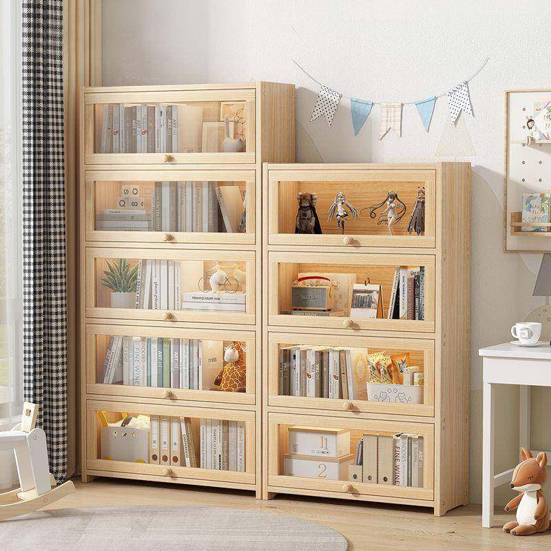 松木书柜上翻透明门学生书籍收纳柜多层落地实木书架子玩具收新款,淘宝优惠券,粉丝福利购,淘宝优惠卷